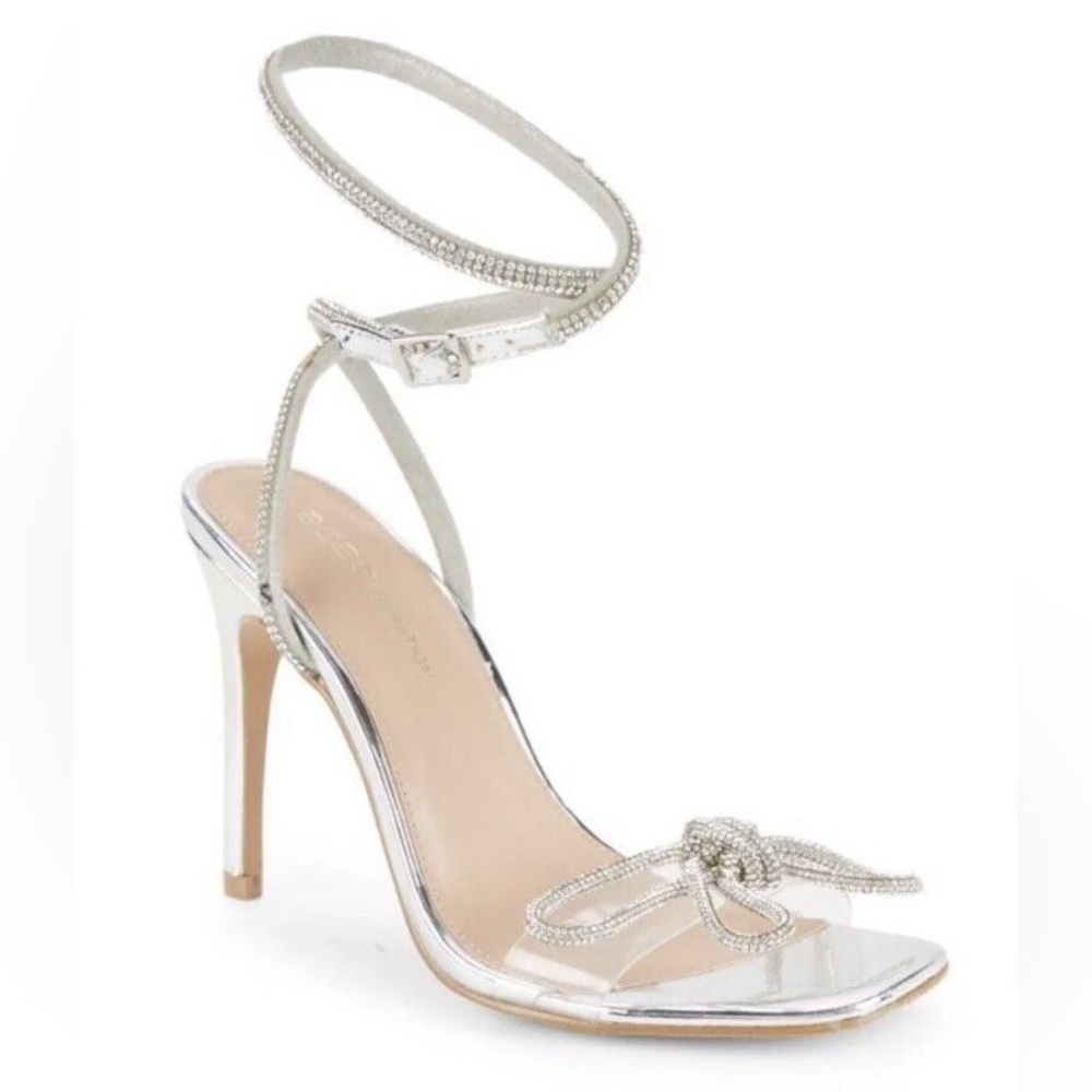BCBGeneration 😳| Illara silver rhinestone bow ankle wrap/strappy sandals heels